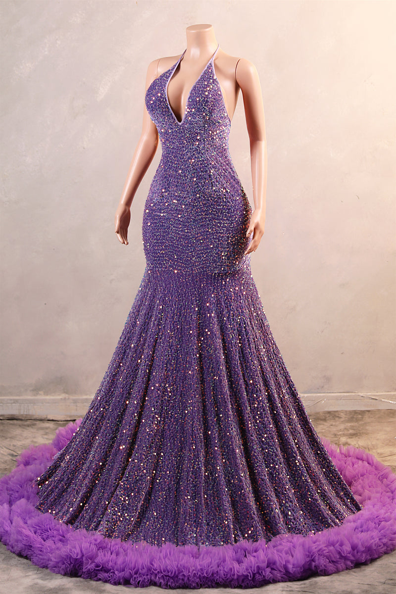 Sparkle Sequin Purple Halter V-neck Sleeveless Feathers Prom Dresses