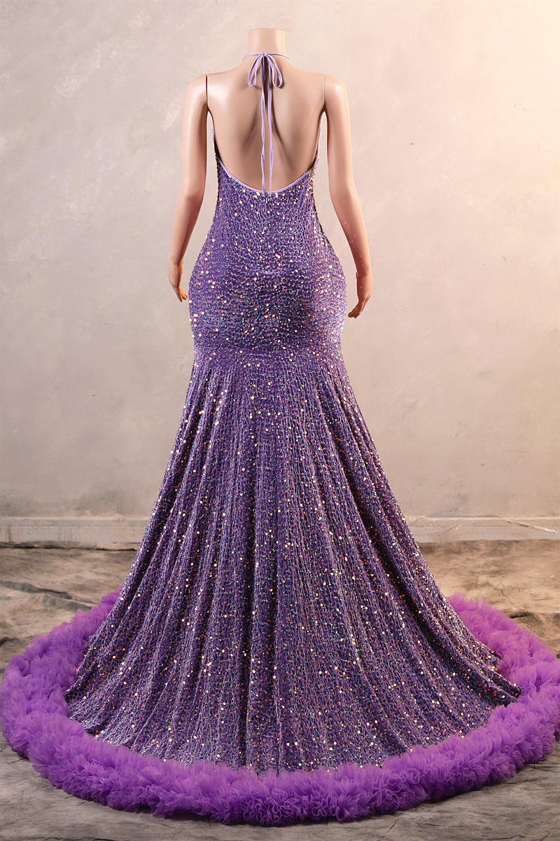 Sparkle Sequin Purple Halter V-neck Sleeveless Feathers Prom Dresses