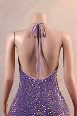 Sparkle Sequin Purple Halter V-neck Sleeveless Feathers Prom Dresses