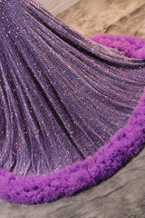 Sparkle Sequin Purple Halter V-neck Sleeveless Feathers Prom Dresses