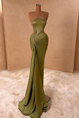 Elegant Strapless Silver Beaded Mermaid Olive Green Satin Floor length Prom Dresses