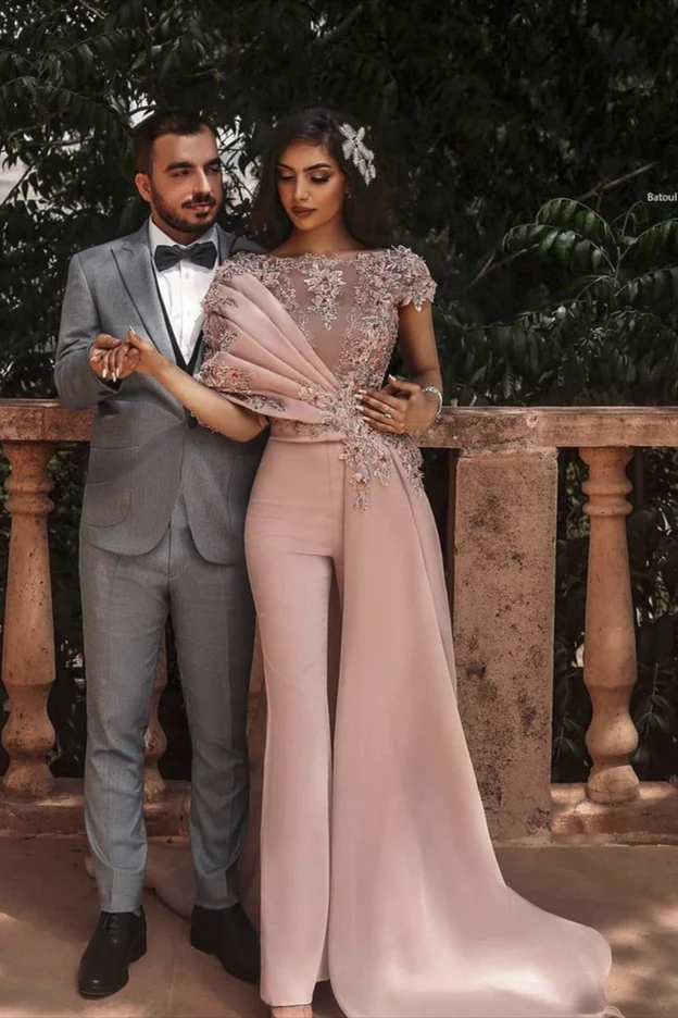 Unique Long Dusty Pink Cap sleeves Beaded Prom Pants