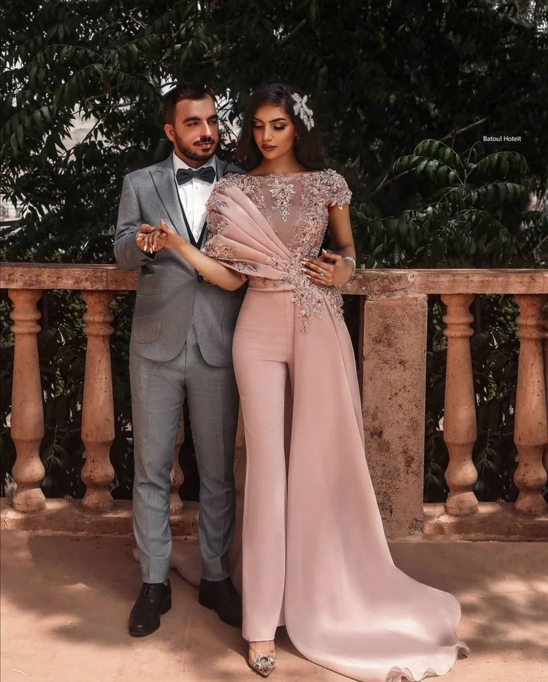 Unique Long Dusty Pink Cap sleeves Beaded Prom Pants