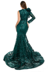 V-Neck One-Shoulder Mermaid Illusion Sequins Evening Dress