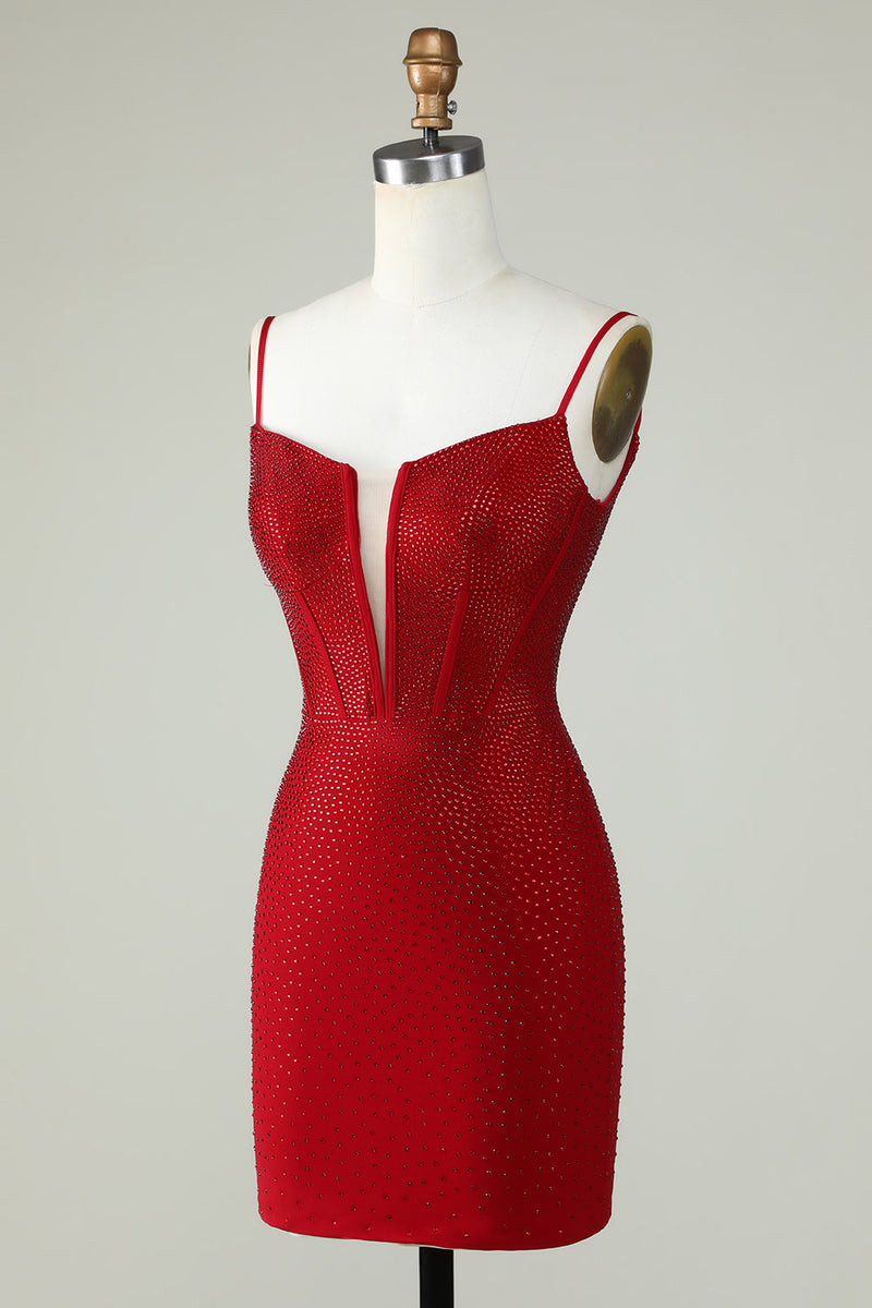 Red Beaded Sheath Spaghetti Strap Homecoming Dress