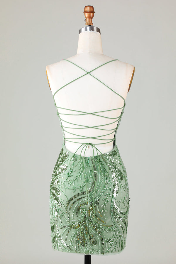 Green Sparkly Sheath Spaghetti Strap Homecoming Dress with Criss Cross Back