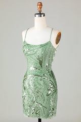 Green Sparkly Sheath Spaghetti Strap Homecoming Dress with Criss Cross Back