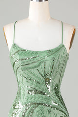 Green Sparkly Sheath Spaghetti Strap Homecoming Dress with Criss Cross Back