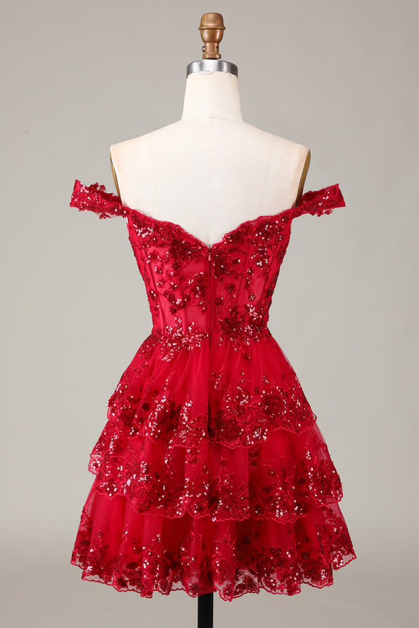 Red Sparkly Corset Tiered Lace A-Line Homecoming Dress