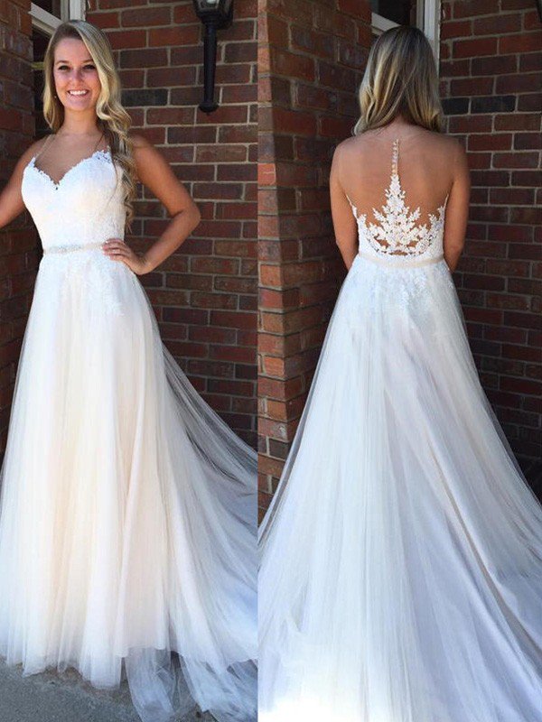 Check this A-Line Applique Court Train Sleeveless Tulle Scoop Wedding Dresses at stylesnuggle.com, this dress will make your guests say wow. The Scoop bodice is thoughtfully lined, and the skirt with Appliques to provide the airy.