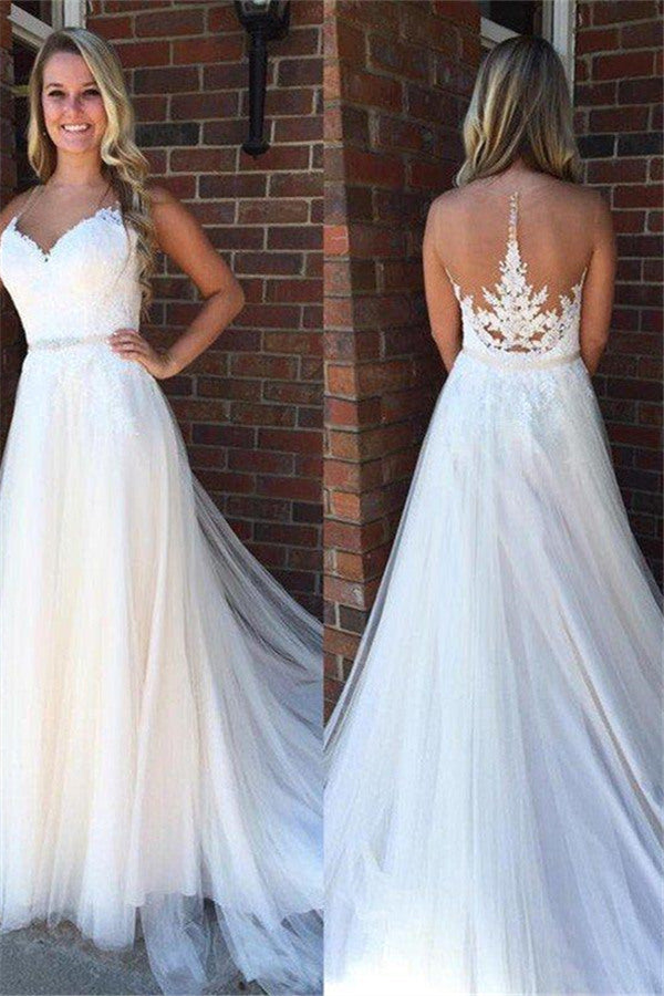 A Line Applique Court Train Sleeveless Tulle Scoop Wedding Dresses-stylesnuggle