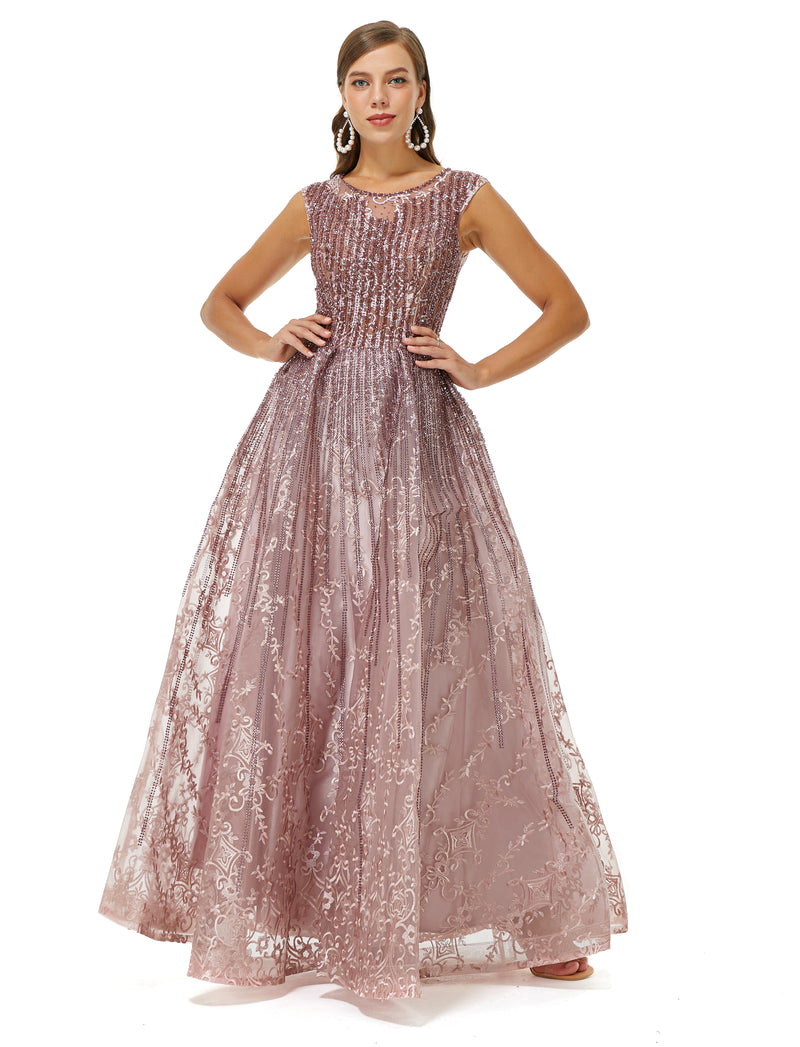 A-line Beaded Jewel Appliques Lace Floor-length cap sleeve Prom Dress-stylesnuggle