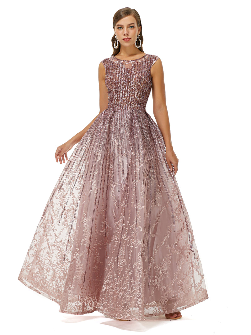 A-line Beaded Jewel Appliques Lace Floor-length cap sleeve Prom Dress-stylesnuggle