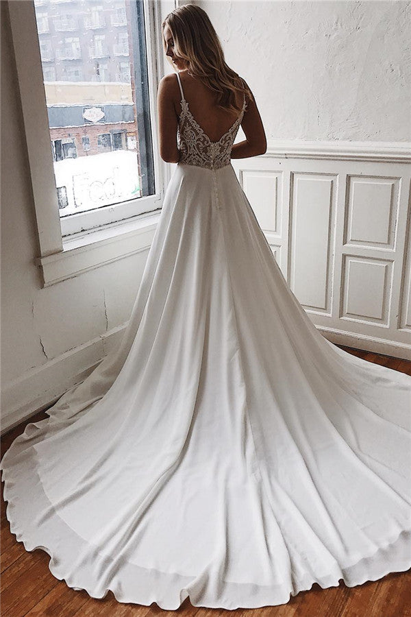 A-line Deep V-neck Court Spaghetti Strap Chiffon Crochet Flower Backless Wedding Dress-stylesnuggle