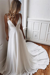 A-line Deep V-neck Court Spaghetti Strap Chiffon Crochet Flower Backless Wedding Dress-stylesnuggle