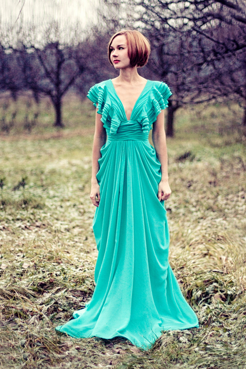 A-line Deep V-neck Floor Length Chiffon Backless Prom Dress-stylesnuggle