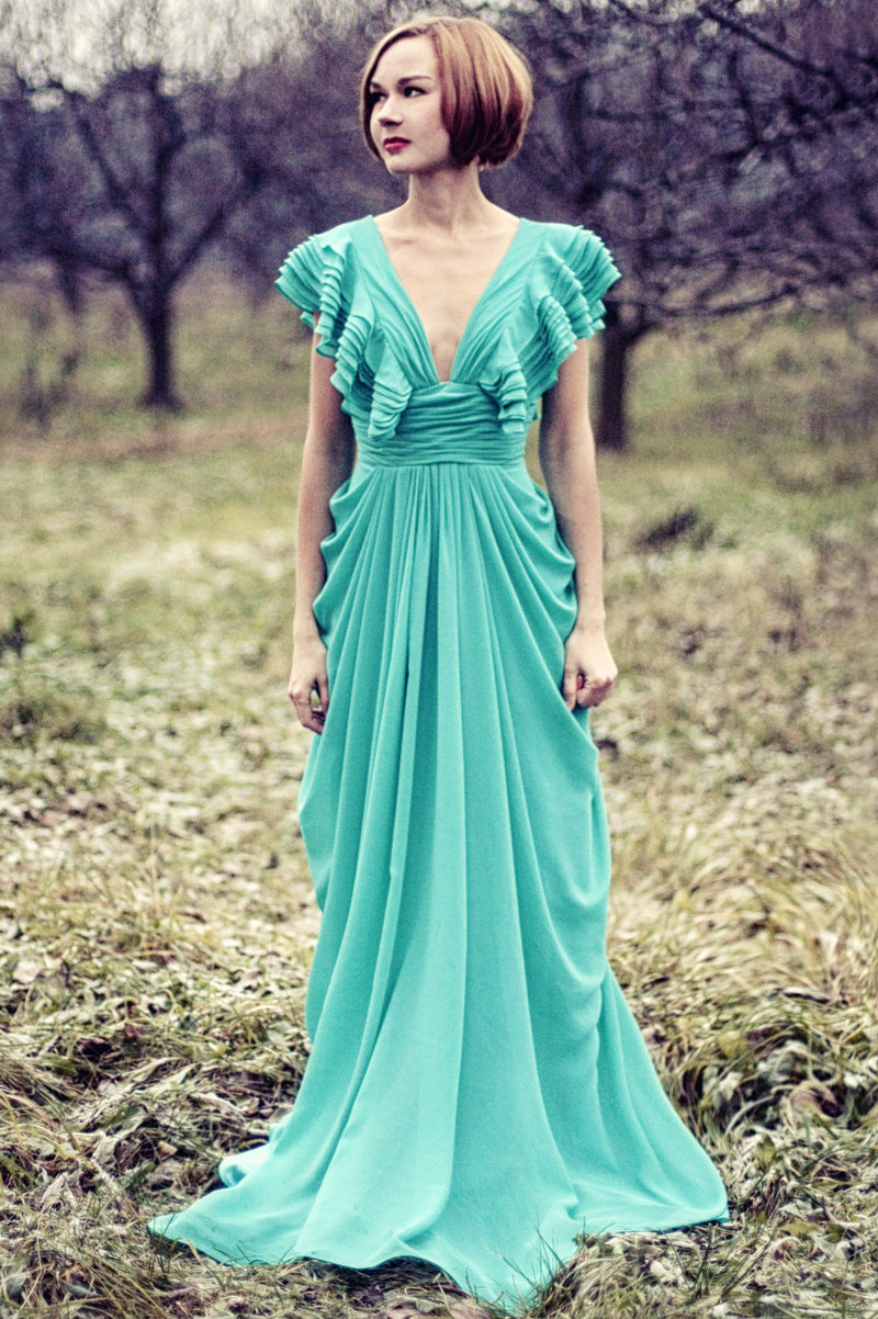 A-line Deep V-neck Floor Length Chiffon Backless Prom Dress-stylesnuggle