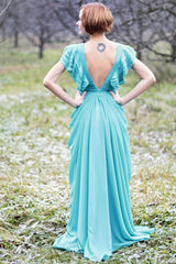 A-line Deep V-neck Floor Length Chiffon Backless Prom Dress-stylesnuggle