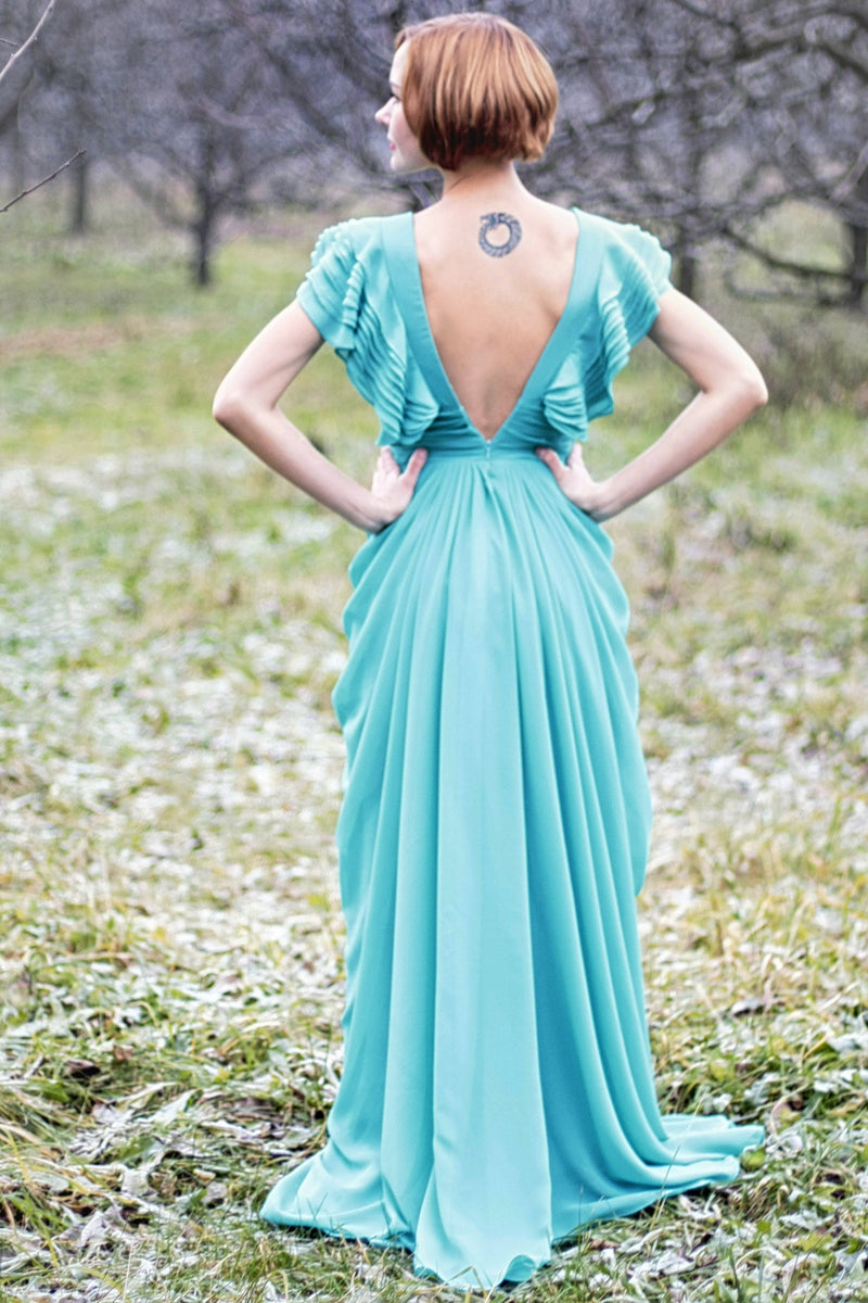 A-line Deep V-neck Floor Length Chiffon Backless Prom Dress-stylesnuggle