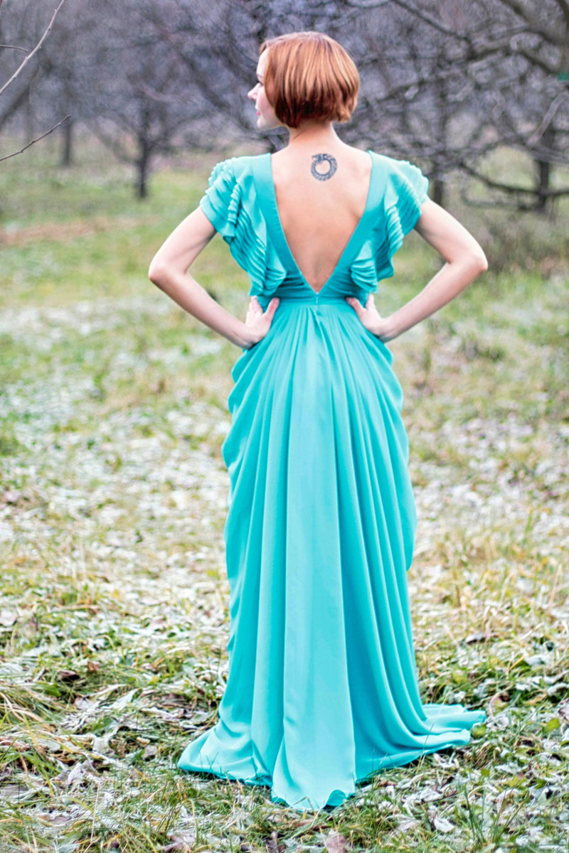 A-line Deep V-neck Floor Length Chiffon Backless Prom Dress-stylesnuggle