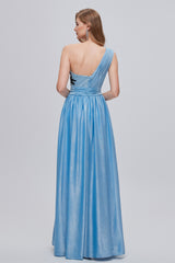 A-line Floor Length One shoulder Applique Sleeveless High Split Open Back Prom Dress-stylesnuggle