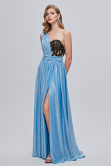 A-line Floor Length One shoulder Applique Sleeveless High Split Open Back Prom Dress-stylesnuggle