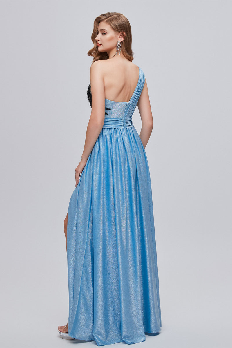 A-line Floor Length One shoulder Applique Sleeveless High Split Open Back Prom Dress-stylesnuggle