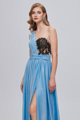 A-line Floor Length One shoulder Applique Sleeveless High Split Open Back Prom Dress-stylesnuggle