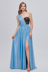 A-line Floor Length One shoulder Applique Sleeveless High Split Open Back Prom Dress-stylesnuggle