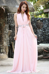 A-line Halter Floor Length Chiffon Beading Backless Prom Dress-stylesnuggle