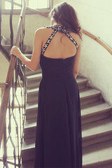 A-line Halter Floor Length Sleeveless Chiffon Rhinestone Evening Dress-stylesnuggle