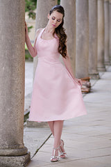 A-line Halter Round Collar Tea Length Chiffon Sleeveless Bridesmaid Dress-stylesnuggle