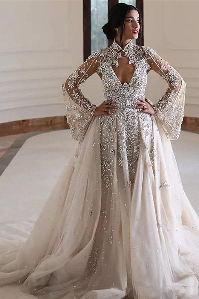 A-line High Collar Long Sleeves Long Train Backless Beaded Wedding Dress-stylesnuggle