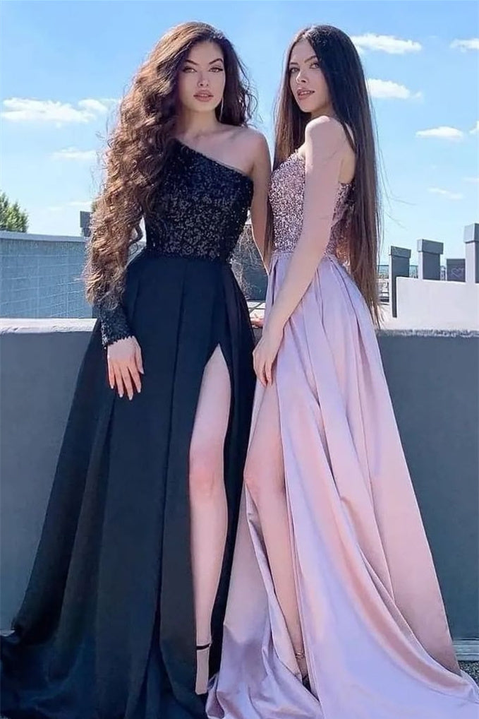 A-line High Split One Shoulder Asymmetrical Sequined Floor-length Prom Dress-stylesnuggle