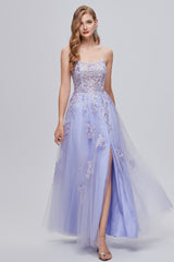 A-line High Split Spaghetti strap Applique Ankle Length Sleeveless Lace Prom Dresses-stylesnuggle