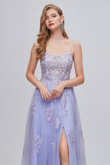 A-line High Split Spaghetti strap Applique Ankle Length Sleeveless Lace Prom Dresses-stylesnuggle