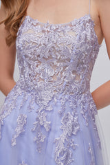 A-line High Split Spaghetti strap Applique Ankle Length Sleeveless Lace Prom Dresses-stylesnuggle