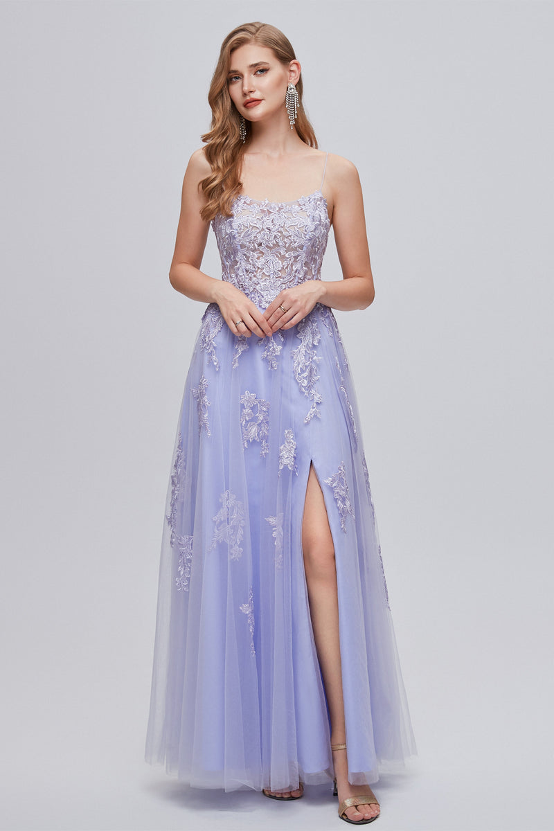 A-line High Split Spaghetti strap Applique Ankle Length Sleeveless Lace Prom Dresses-stylesnuggle