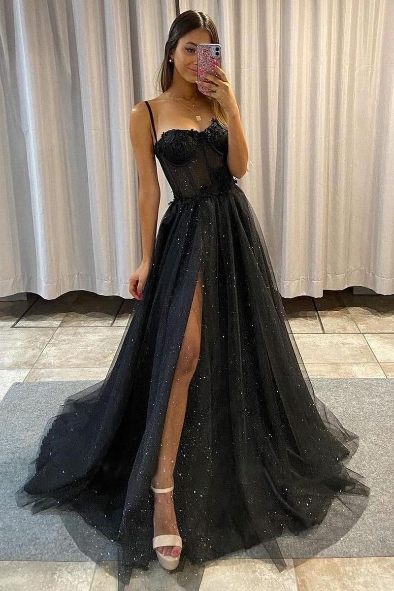 A-line High Split Spaghetti strap Sweetheart Sequined Sleeveless Lace Applique Prom Dress-stylesnuggle