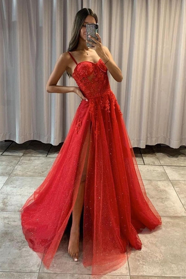 A-line High Split Spaghetti strap Sweetheart Sequined Sleeveless Lace Applique Prom Dress-stylesnuggle