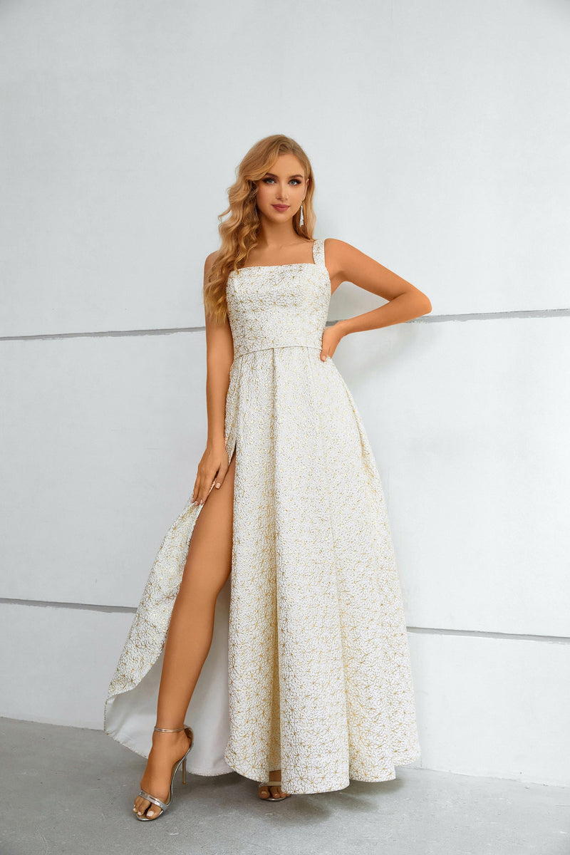 A-line High Split Square Lace Ankle Length Sleeveless Backless Prom Dress-stylesnuggle