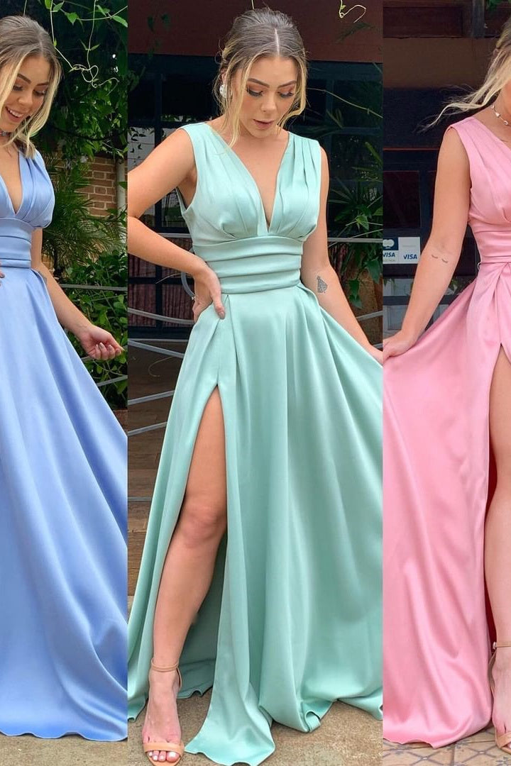 A-line High Split Strap V-neck Sleeveless Floor-length Prom Dress-stylesnuggle