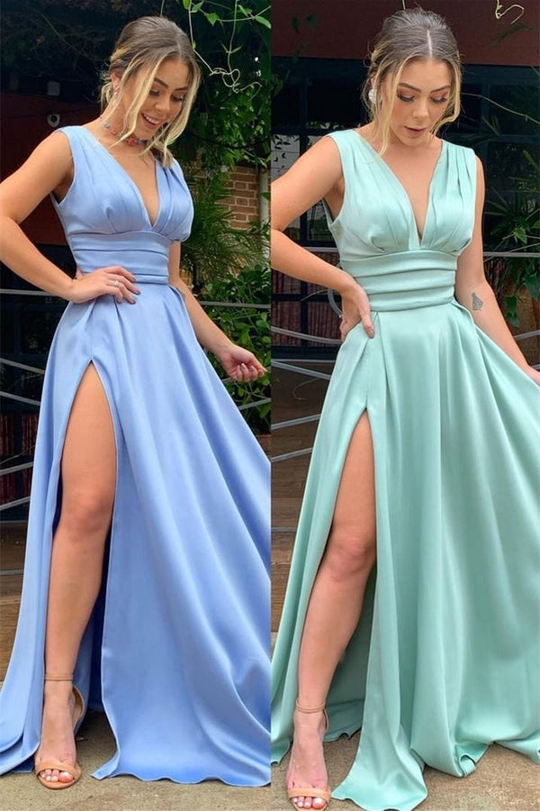 A-line High Split Strap V-neck Sleeveless Floor-length Prom Dress-stylesnuggle