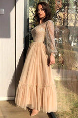 A-line Jewel Ankle Length Multiple Layers Long Sleeve Sequined Prom Dress-stylesnuggle