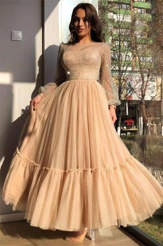 A-line Jewel Ankle Length Multiple Layers Long Sleeve Sequined Prom Dress-stylesnuggle