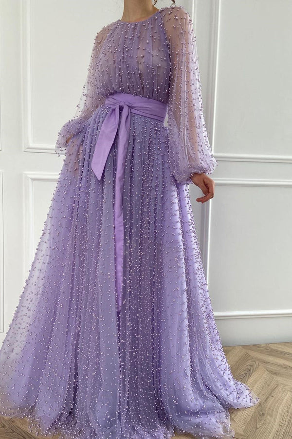 A-line Jewel Beaded Tulle Floor-length Long Sleeve Classy Prom Dress-stylesnuggle