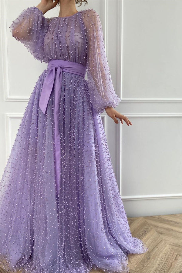 A-line Jewel Beaded Tulle Floor-length Long Sleeve Classy Prom Dress-stylesnuggle