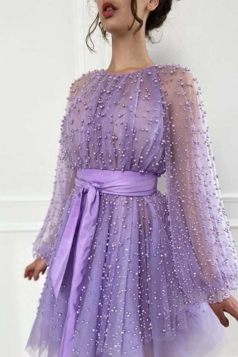 A-line Jewel Beaded Tulle Tea-length Long Sleeve Classy Homecoming Dress-stylesnuggle