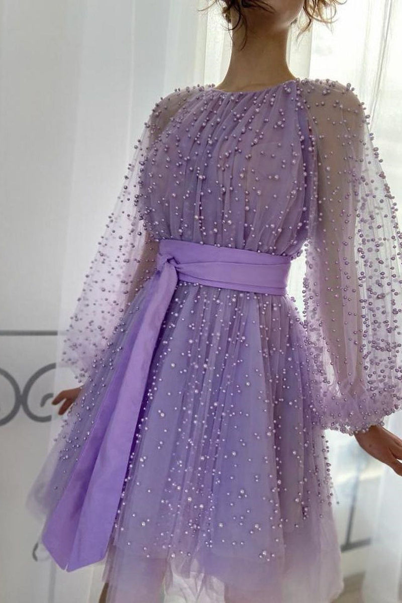 A-line Jewel Beaded Tulle Tea-length Long Sleeve Classy Homecoming Dress-stylesnuggle