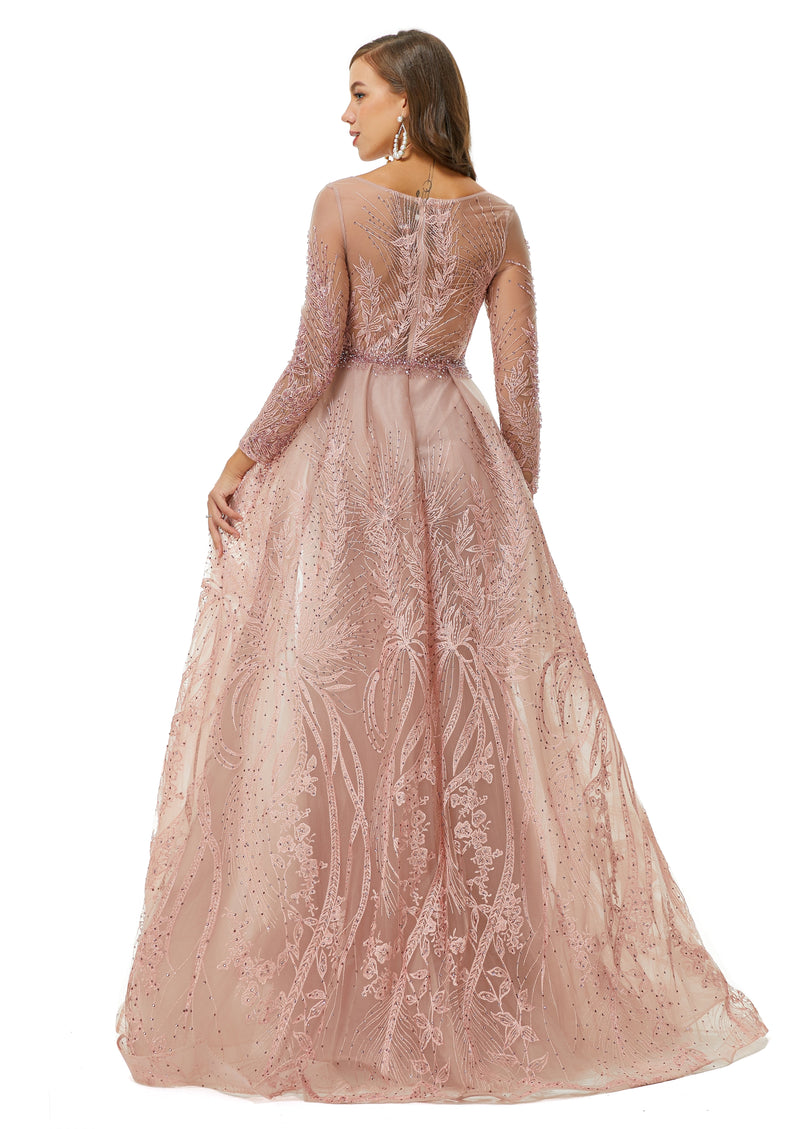 A-line Jewel Floor-length Long Sleeve Appliques Lace Sequined Prom Dress-stylesnuggle